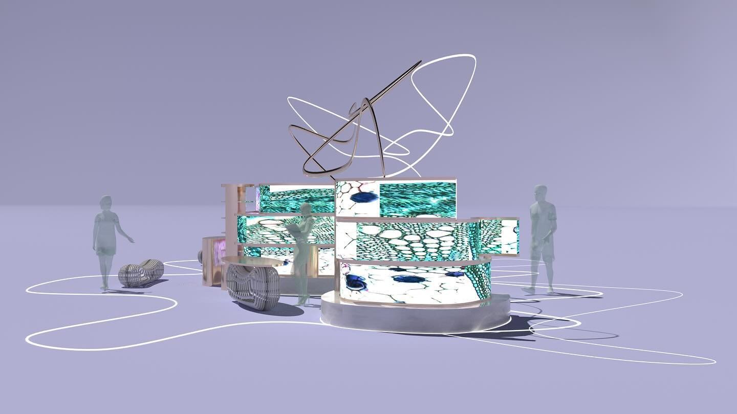 Wizualizacja 3D projektu stoiska targowego dla firmy kosmetycznej. Geometryczna konstrukcja z podświetlonymi panelami, abstrakcyjna rzeźba i sylwetki ludzi na fioletowym tle.