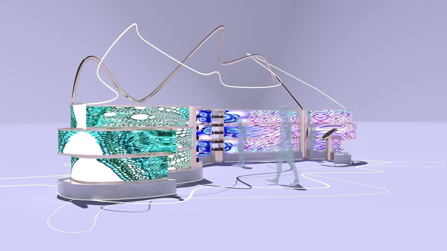 Wizualizacja 3D projektu stoiska targowego dla firmy kosmetycznej. Nowoczesny design z podświetlanymi panelami i abstrakcyjnymi wzorami. Jasne tło, minimalistyczny styl.
