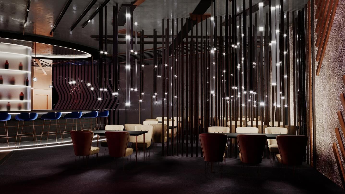 Nowoczesny bar muzyczny z podświetlanym barem, designerskimi krzesłami i dekoracyjnymi lamelami. Subtelne oświetlenie tworzy intymną atmosferę.