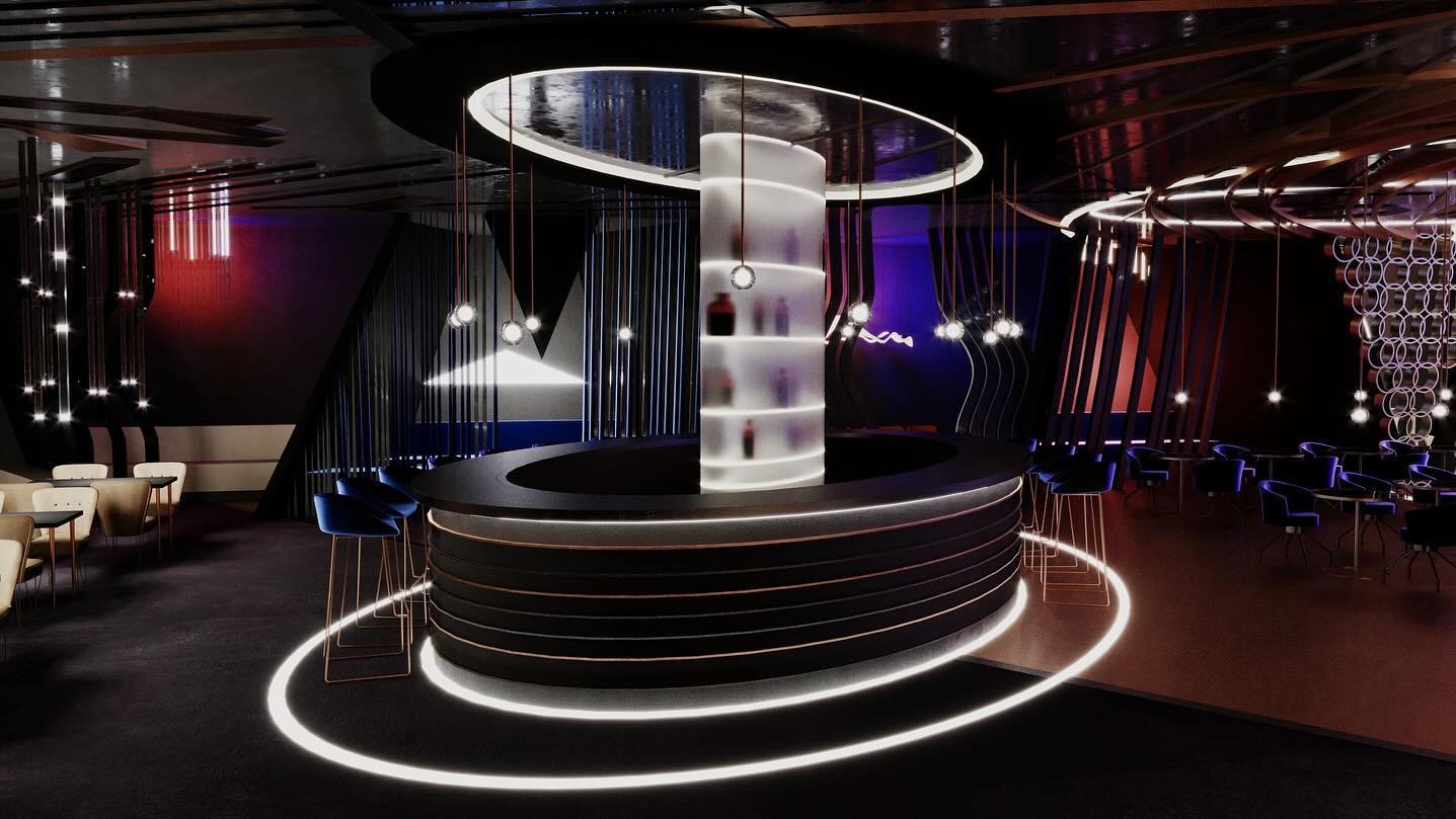 Nowoczesny bar muzyczny z podświetlanym barem i dekoracyjnym oświetleniem. Krzesła barowe w kolorze granatowym. Elementy dekoracyjne w kolorze złotym i czarnym.