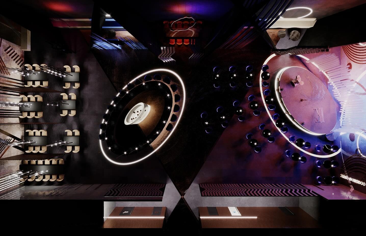 Wizualizacja 3D wnętrza baru muzycznego z oświetleniem LED, okrągłymi stolikami i geometrycznym układem przestrzeni. Ujęcie z góry podkreśla unikalny design.