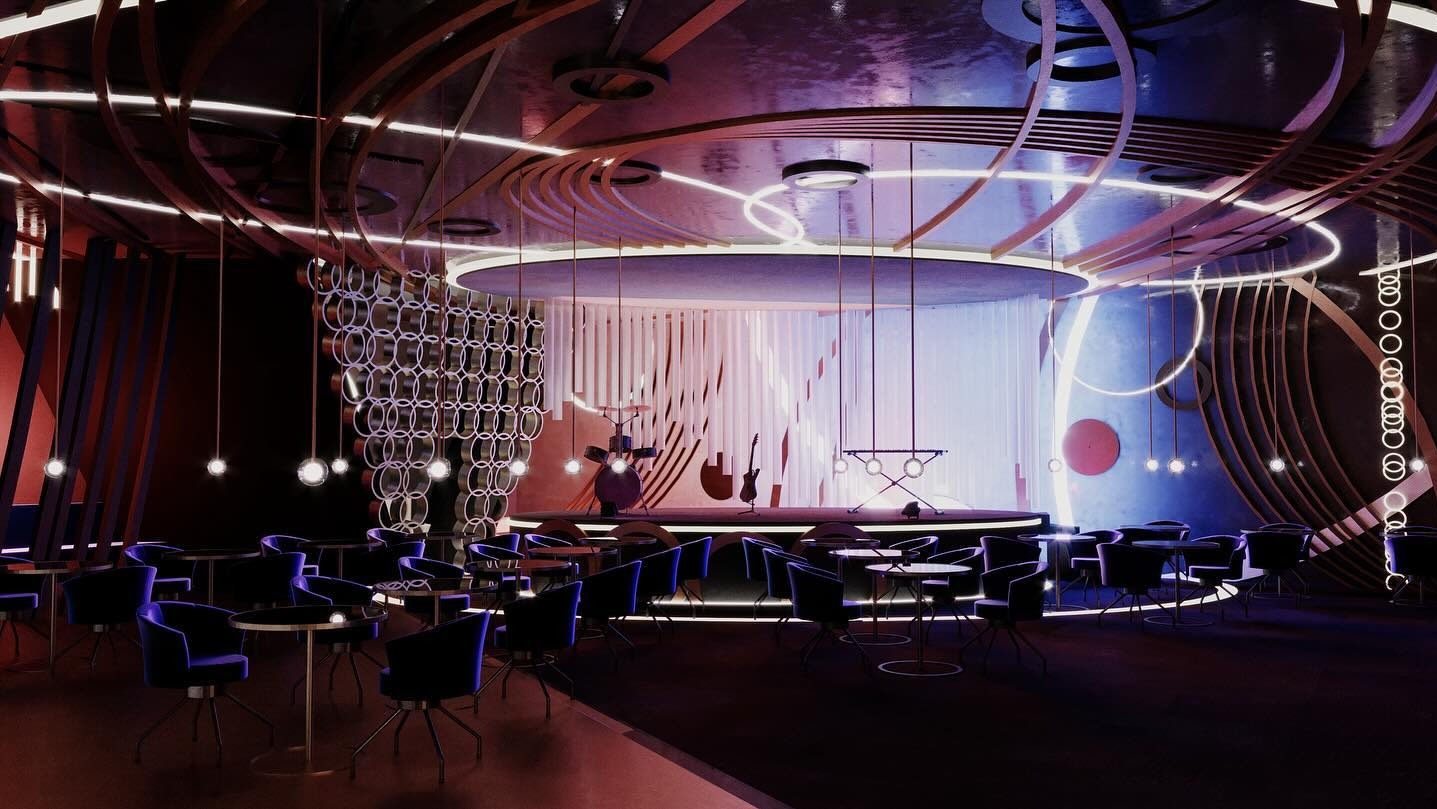 Nowoczesne wnętrze baru muzycznego z podświetlaną sceną, okrągłymi lampami i ciemnymi meblami. Dekoracyjne elementy sufitu i ścian tworzą unikalny klimat.