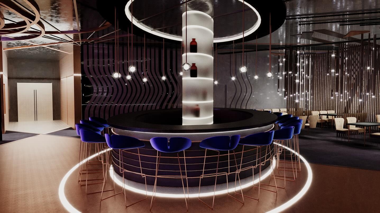 Nowoczesny bar muzyczny z okrągłym barem, podświetlanym blatem i krzesłami w kolorze granatowym. Dekoracyjne oświetlenie i geometryczne wzory na ścianach tworzą unikalny klimat.