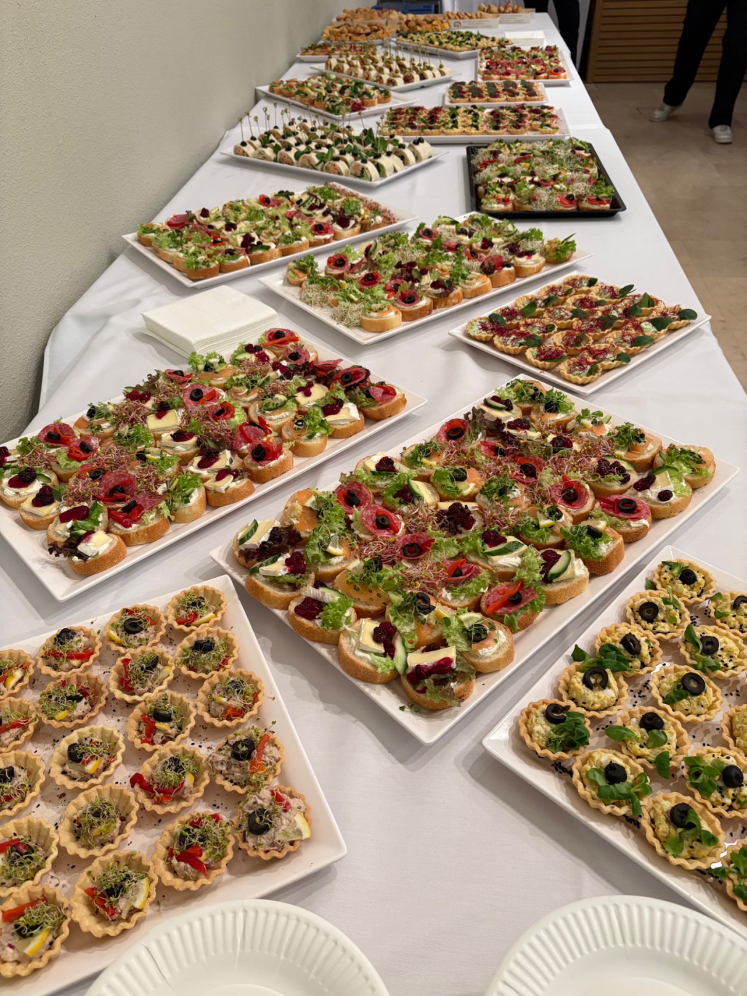 Stół cateringowy z różnorodnymi przekąskami: tartaletki z pastą, kanapki z warzywami i wędlinami, ułożone na białych talerzach. Widoczne białe serwetki i talerze.