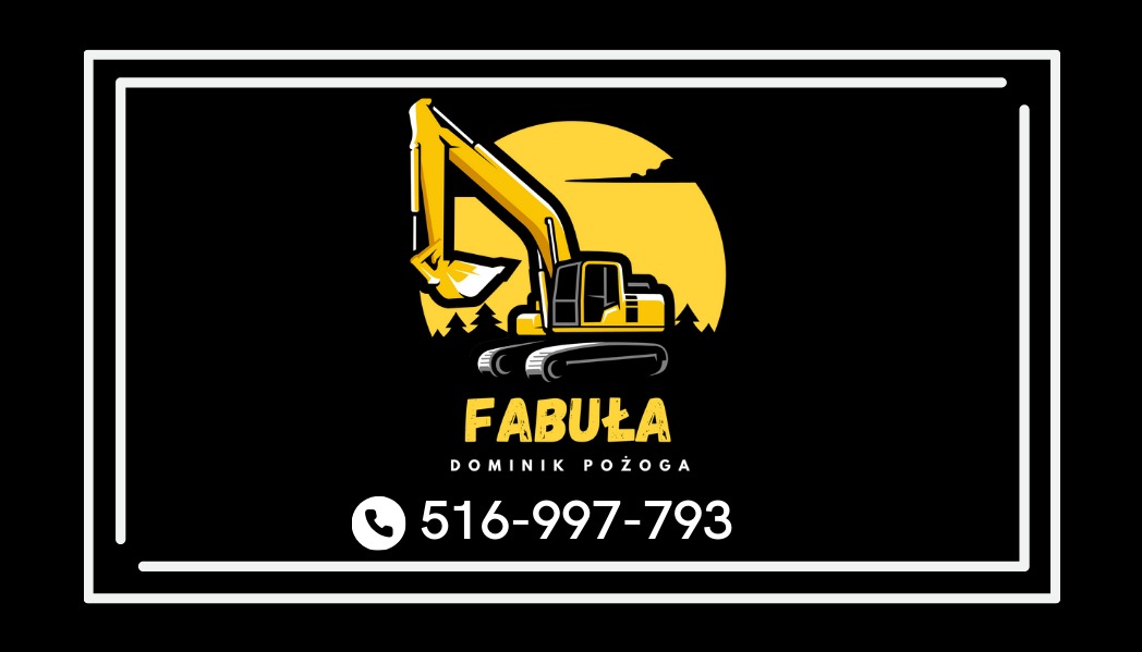 Grafika z żółtą koparką na tle słońca, nazwa firmy 'FABUŁA' i numer telefonu na czarnym tle w białej ramce. Ilustracja promująca usługi ziemne.