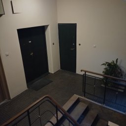 Reno-j - Klatka schodowa w bloku z dwoma drzwiami wejściowymi, wykończona ciemną terakotą. Widoczne schody z drewnianą barierką i roślina doniczkowa. Oświetlenie sufitowe.