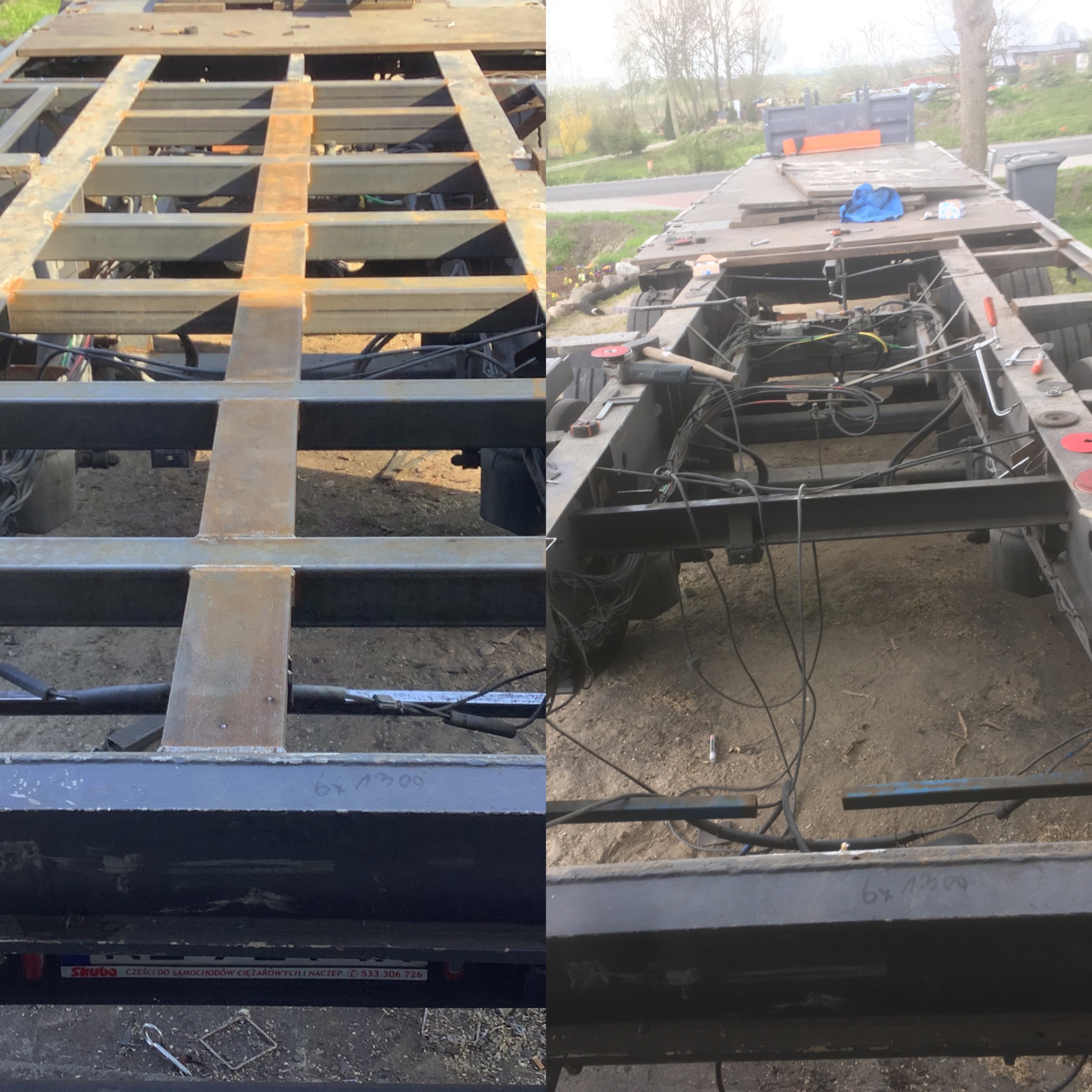 Porównanie stanu ramy pojazdu ciężarowego przed i po naprawie. Po lewej surowa, rdzawa konstrukcja, po prawej odnowiona, pomalowana rama z widocznymi narzędziami.