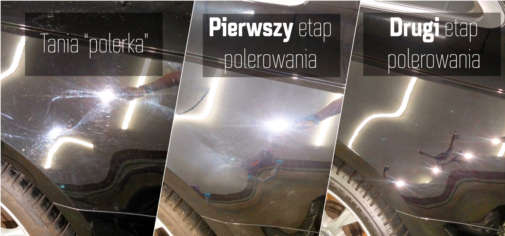 Polerowanie lakieru auta: trzy etapy. Od zarysowań, przez pierwszy etap polerowania, do drugiego etapu z połyskiem. Widoczny fragment opony i odbicia.