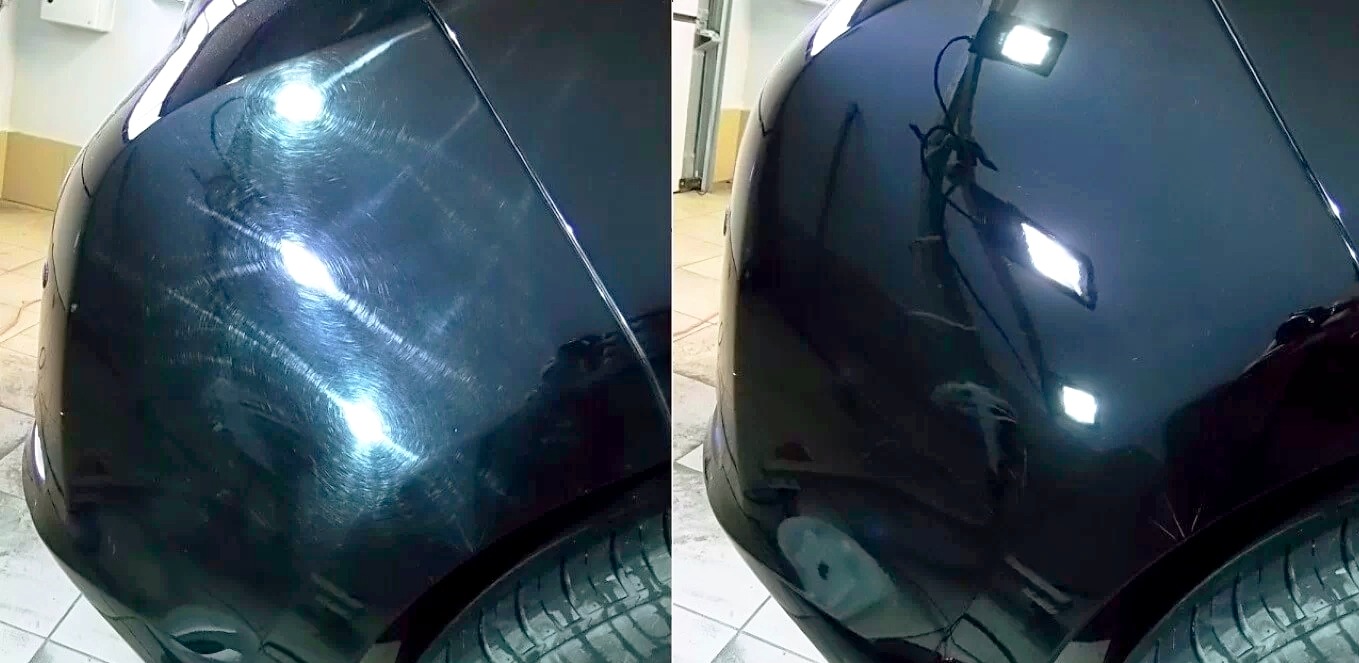 Część karoserii czarnego auta przed i po polerowaniu. Po lewej stronie widoczne zarysowania, po prawej gładka, lśniąca powierzchnia. Efekt renowacji lakieru.