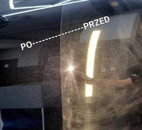 Lakier samochodowy: porównanie stanu przed i po polerowaniu. Widoczne zarysowania i efekt lustrzanego odbicia po zabiegu.