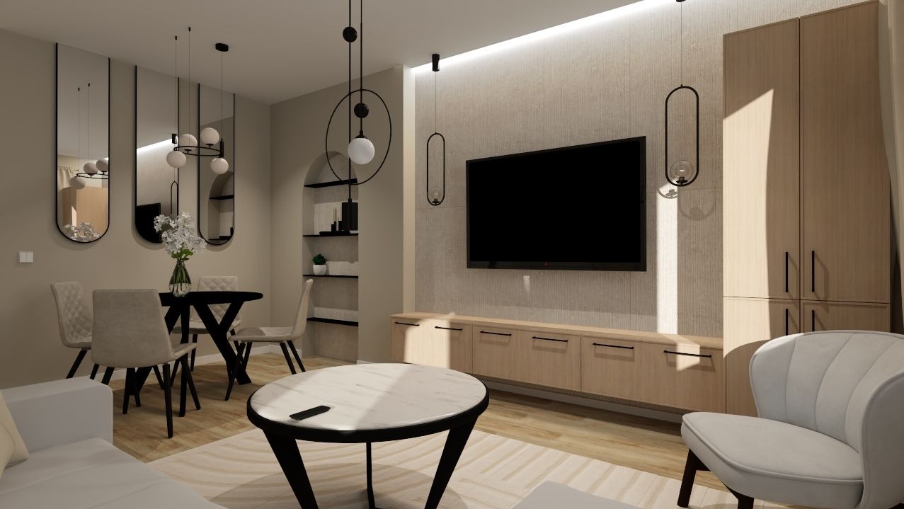 Wizualizacja salonu z okrągłym stołem, krzesłami, telewizorem i szafkami w odcieniach beżu i bieli. Minimalistyczne lampy wiszące i lustra dodają elegancji.