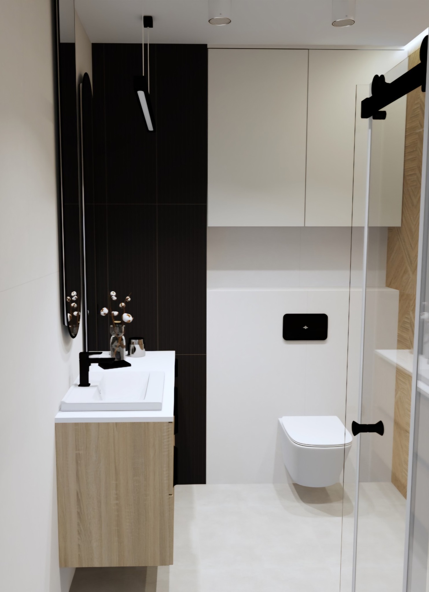 Nowoczesna łazienka z umywalką na szafce z drewnianym dekorem, czarną armaturą i kabiną prysznicową ze szklanymi drzwiami przesuwnymi. Minimalistyczny design.