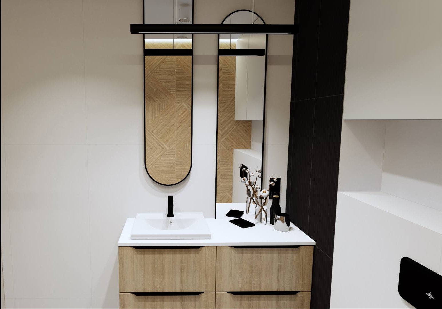 Nowoczesna łazienka z umywalką nablatową na szafce z drewnopodobnym frontem, lustrem i dekoracyjnym panelem ściennym z motywem geometrycznym.