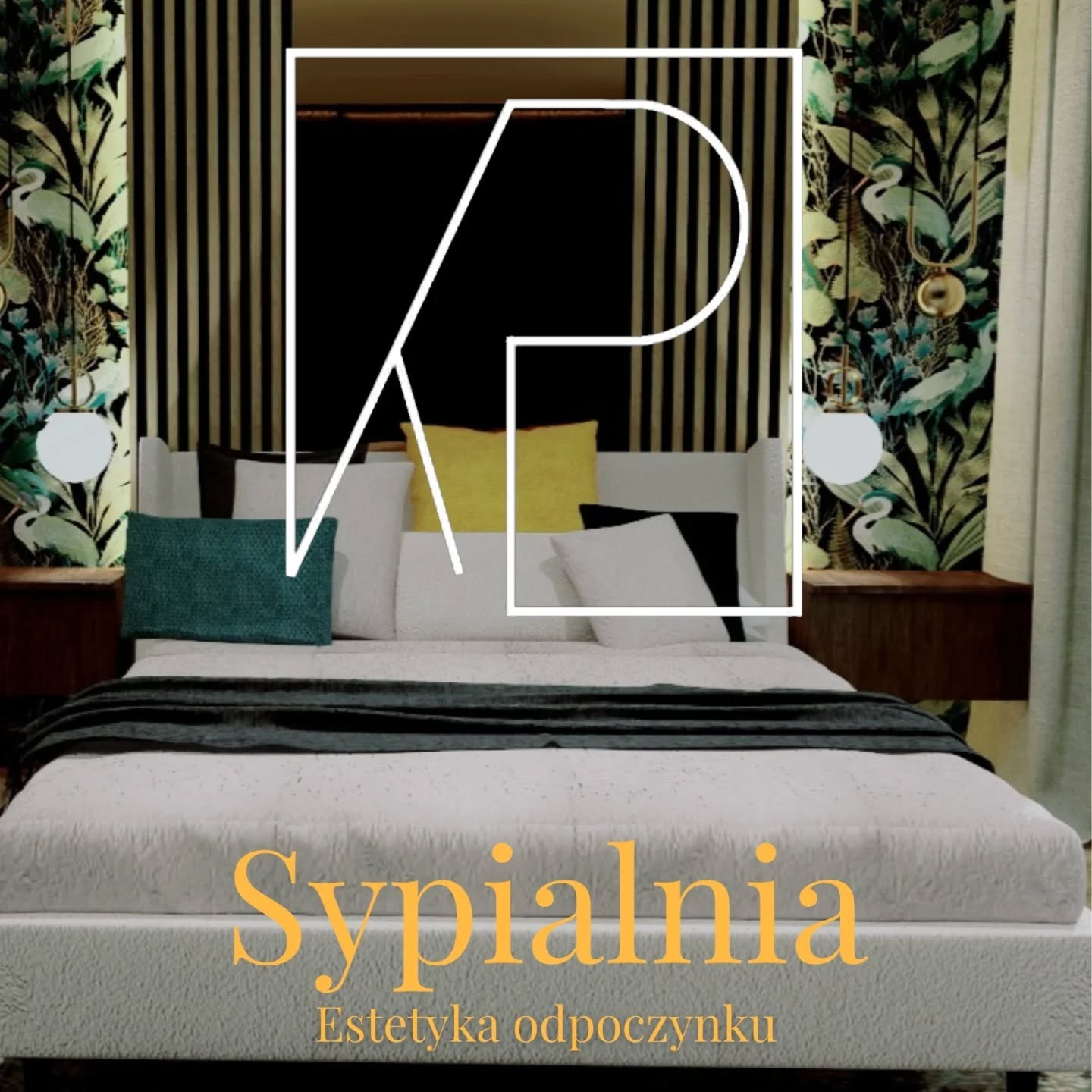 Nowoczesna sypialnia z łóżkiem, wzorzystą tapetą z motywem roślinnym i lampkami nocnymi. Geometryczny wzór na ścianie dodaje unikalnego charakteru.