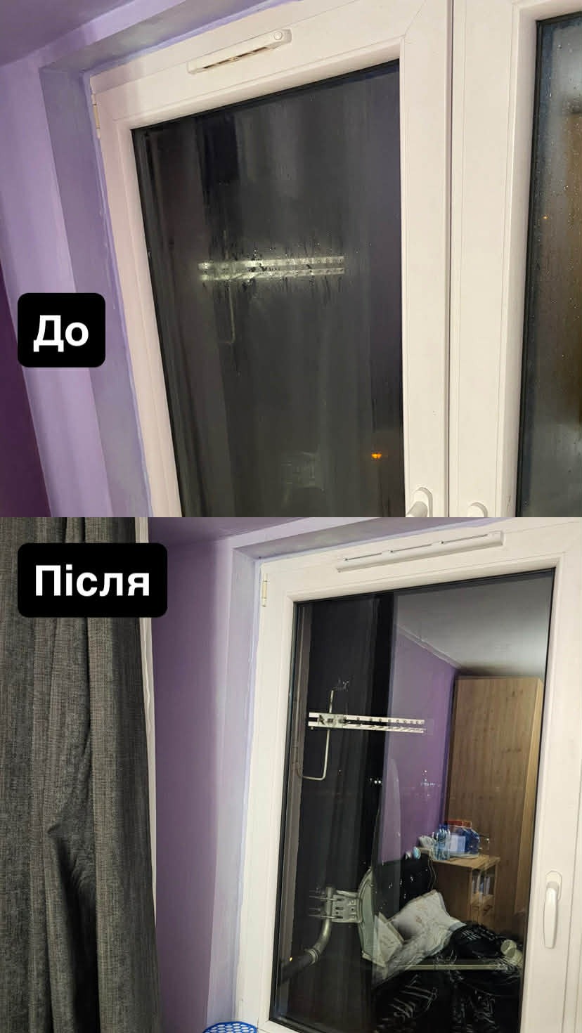 Zdjęcie okna PCV przed i po czyszczeniu, widoczne różnice w przejrzystości szyby. Ujęcie z bliska, z widocznymi detalami ramy i otoczenia.