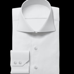 ALVIO - Biała, elegancka koszula męska z mankietami na spinki, starannie złożona na czarnym tle. Widoczne detale kołnierzyka i guzików.