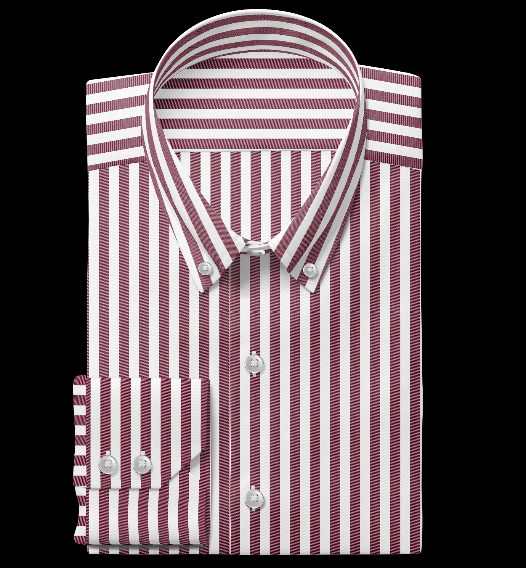 Starannie złożona, elegancka koszula męska w bordowo-białe pionowe paski, z kołnierzykiem button-down i mankietami zapinanymi na guziki, na czarnym tle.