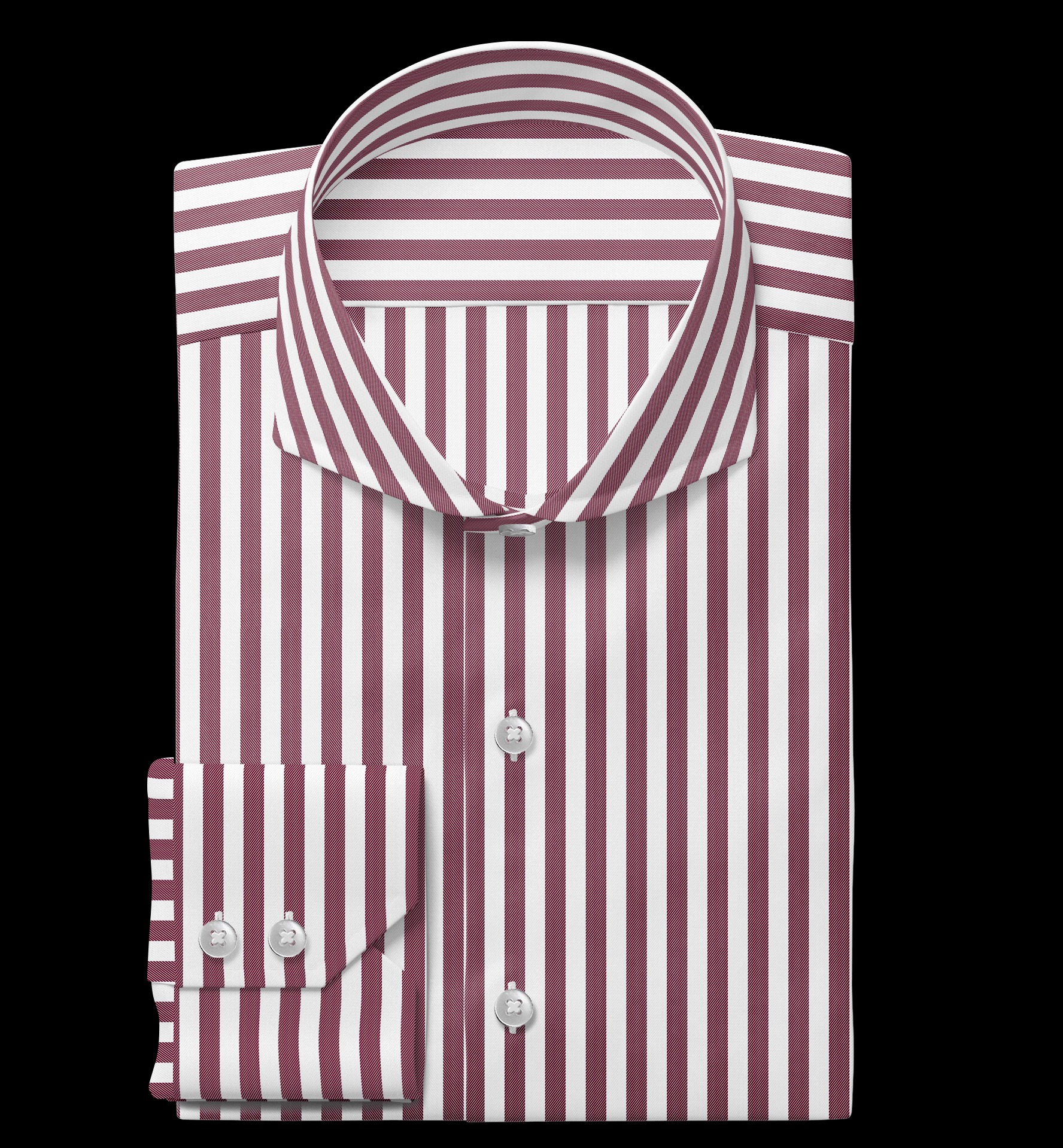 Starannie złożona koszula męska w bordowo-białe paski, widoczne detale mankietów i kołnierzyka, na czarnym tle. Usługi krawieckie w Krakowie.