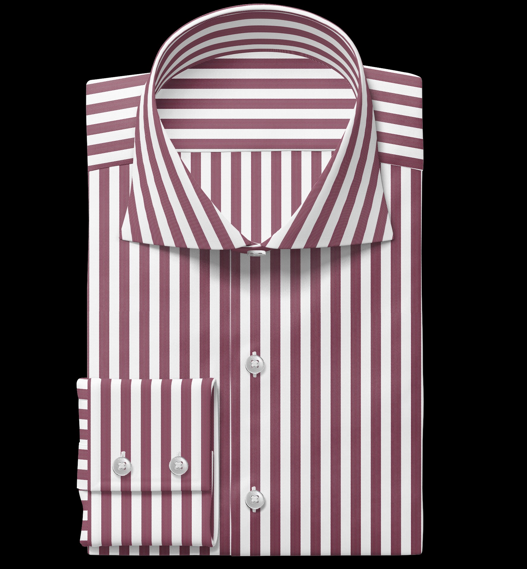 Starannie złożona koszula męska w bordowo-białe paski, z widocznymi guzikami i mankietami, na czarnym tle. Elegancki krój i precyzyjne wykończenie.