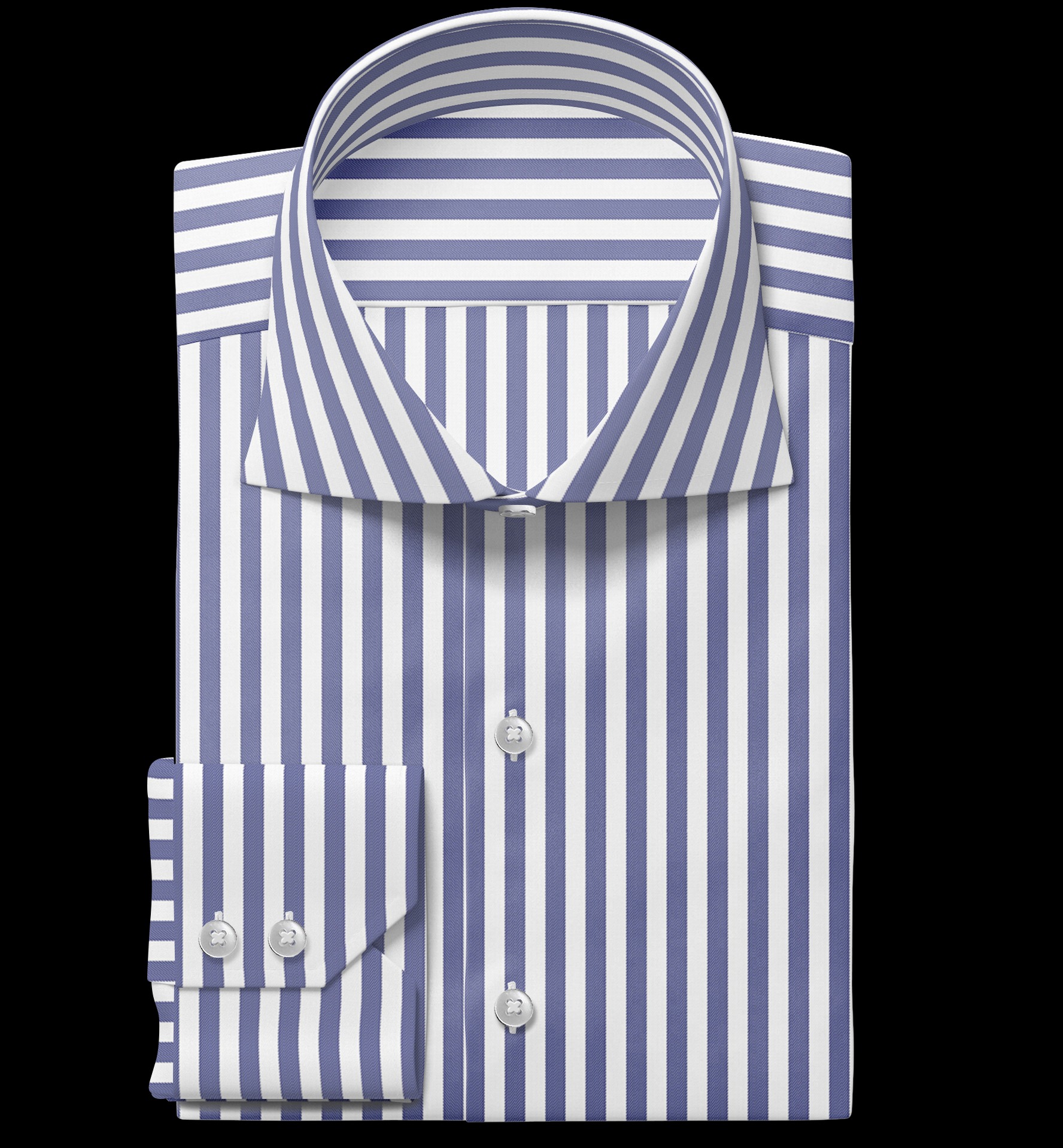 Starannie złożona, elegancka koszula męska w biało-niebieskie paski, z widocznymi detalami mankietów i kołnierzyka, na jednolitym, ciemnym tle.