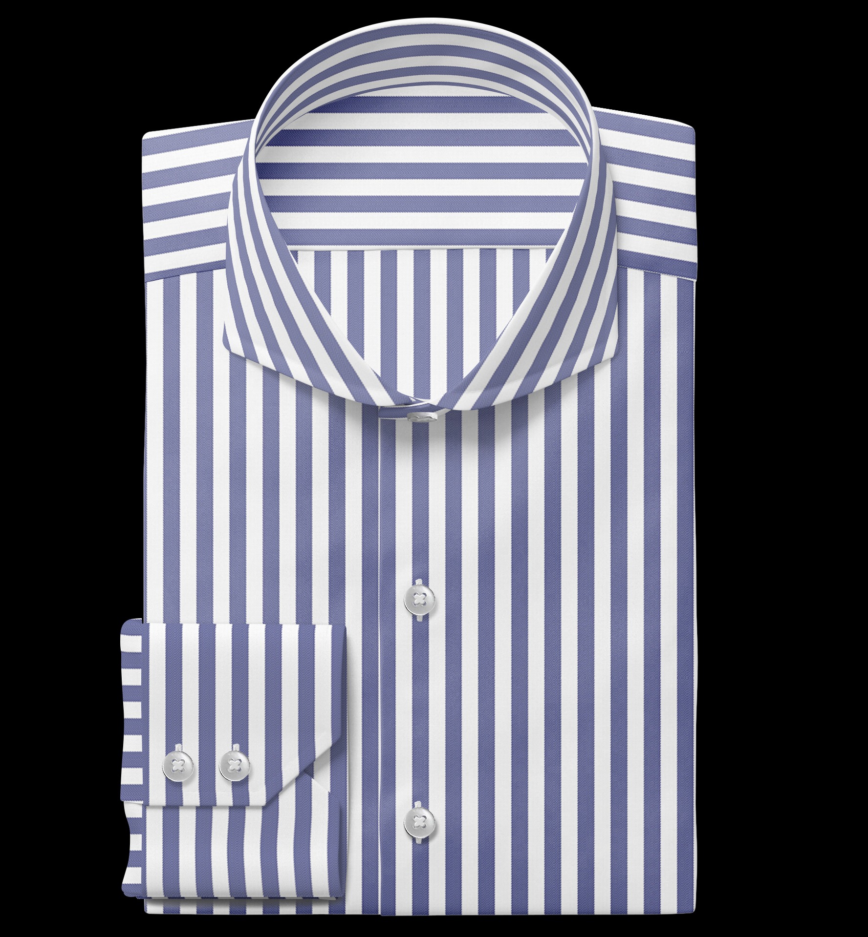 Złożona, elegancka koszula męska w biało-niebieskie pionowe paski, z mankietami zapinanymi na trzy guziki, na czarnym tle. Widoczny kołnierzyk i guziki.