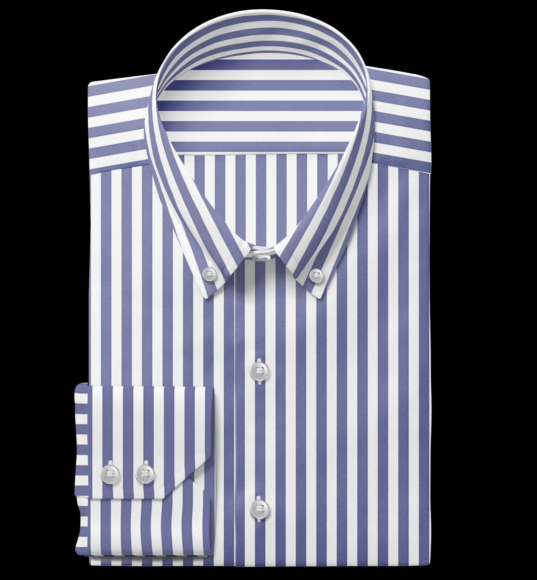 Starannie złożona, elegancka koszula męska w biało-niebieskie pionowe paski, z mankietami zapinanymi na guziki, na czarnym tle. Widoczne detale wykończenia.