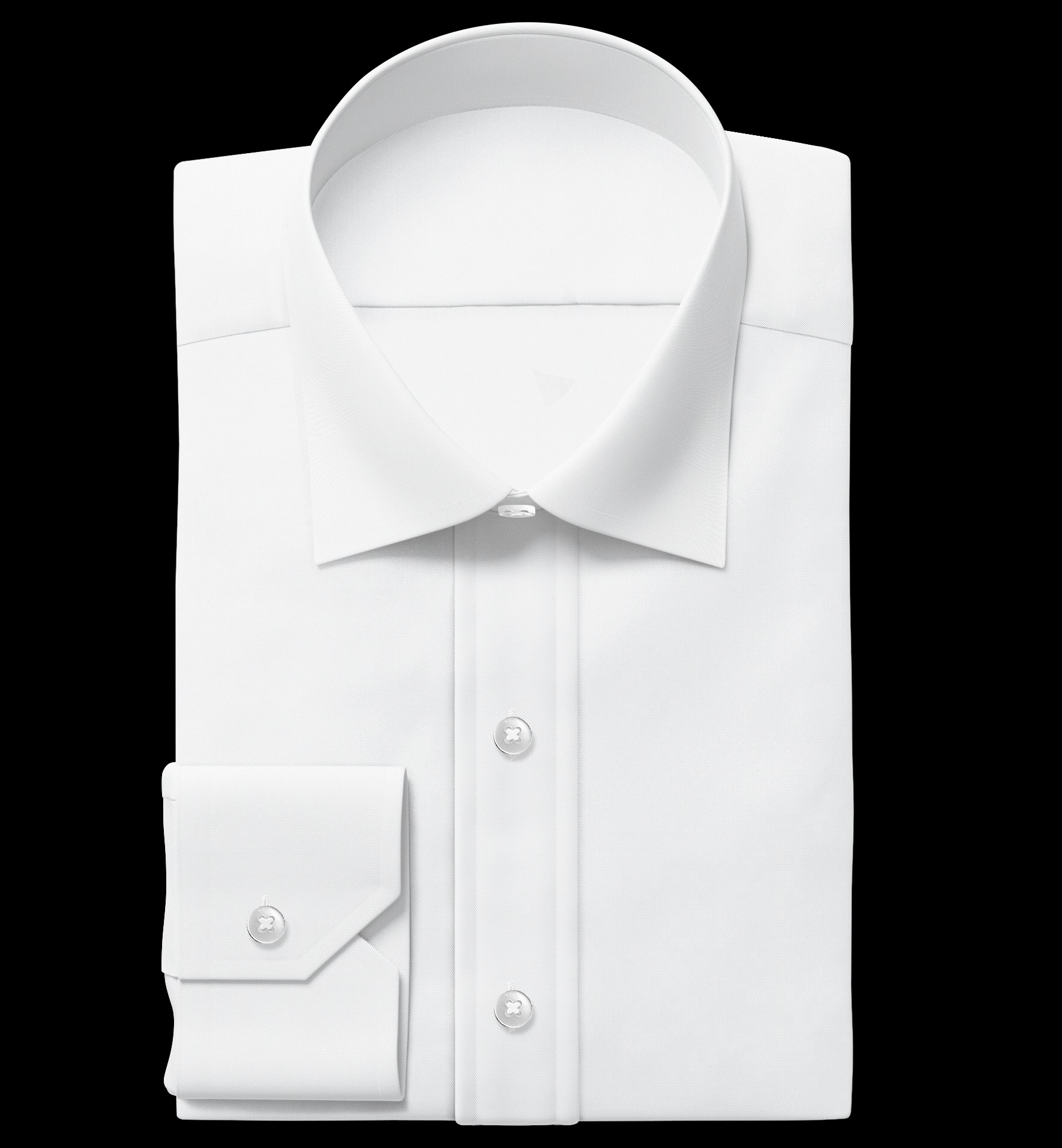 Starannie złożona, śnieżnobiała koszula męska z długim rękawem, mankiet zapinany na guziki, widoczna faktura materiału, na czarnym tle.