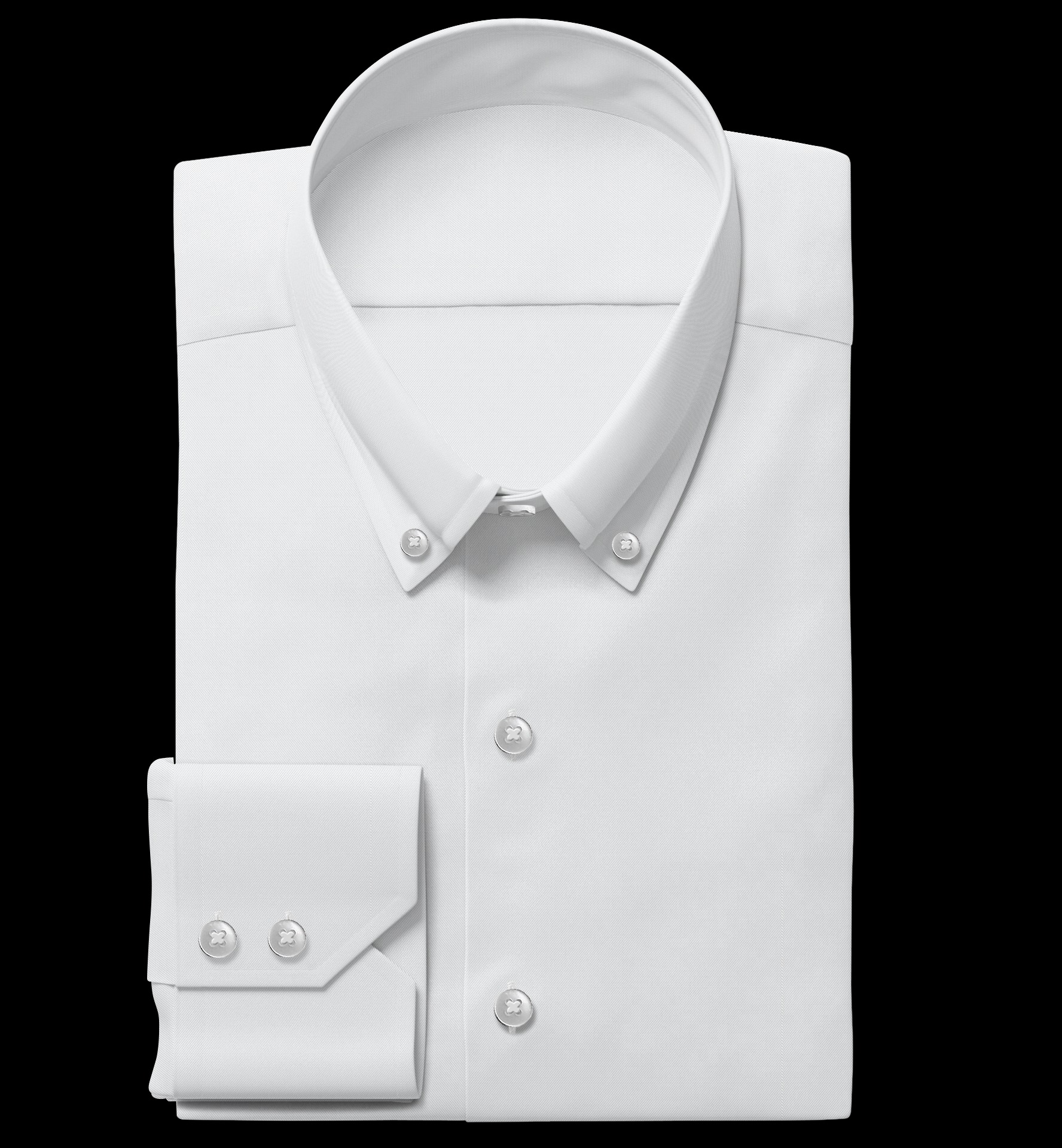 Starannie złożona, śnieżnobiała koszula męska z długim rękawem, widoczne detale: kołnierzyk button-down i mankiety z ozdobnymi guzikami na czarnym tle.