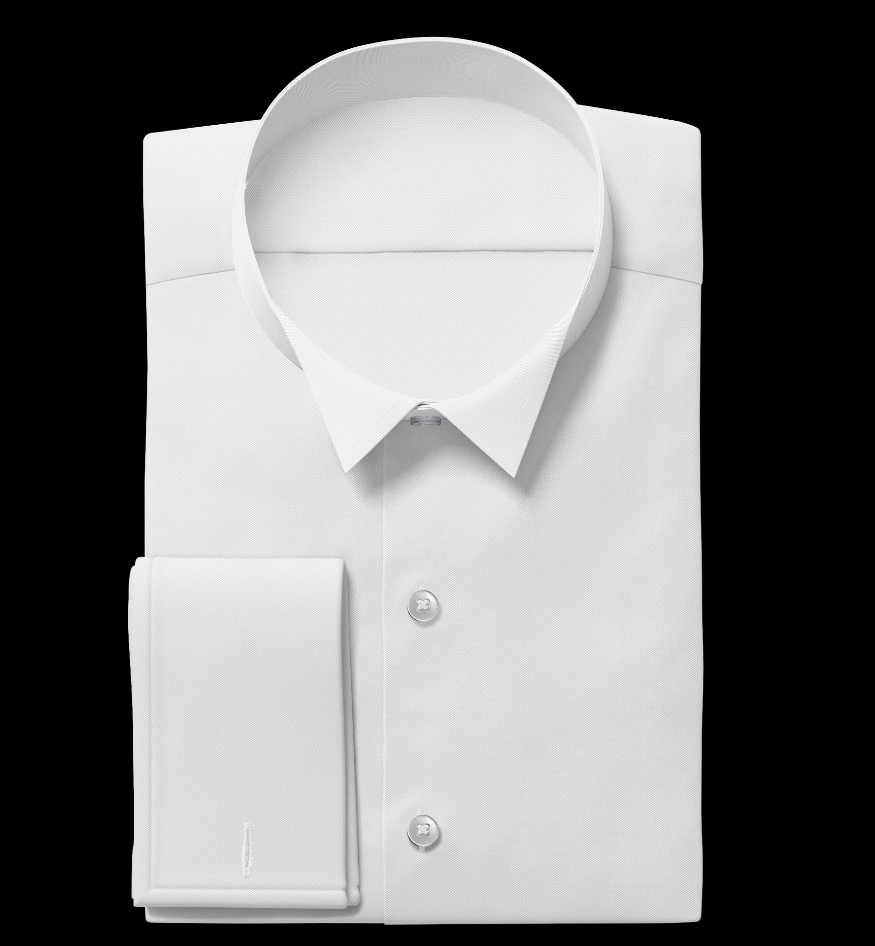 Starannie złożona, biała koszula męska z mankietami na spinki, widoczne dwa guziki, na czarnym tle. Idealna do garnituru na miarę.
