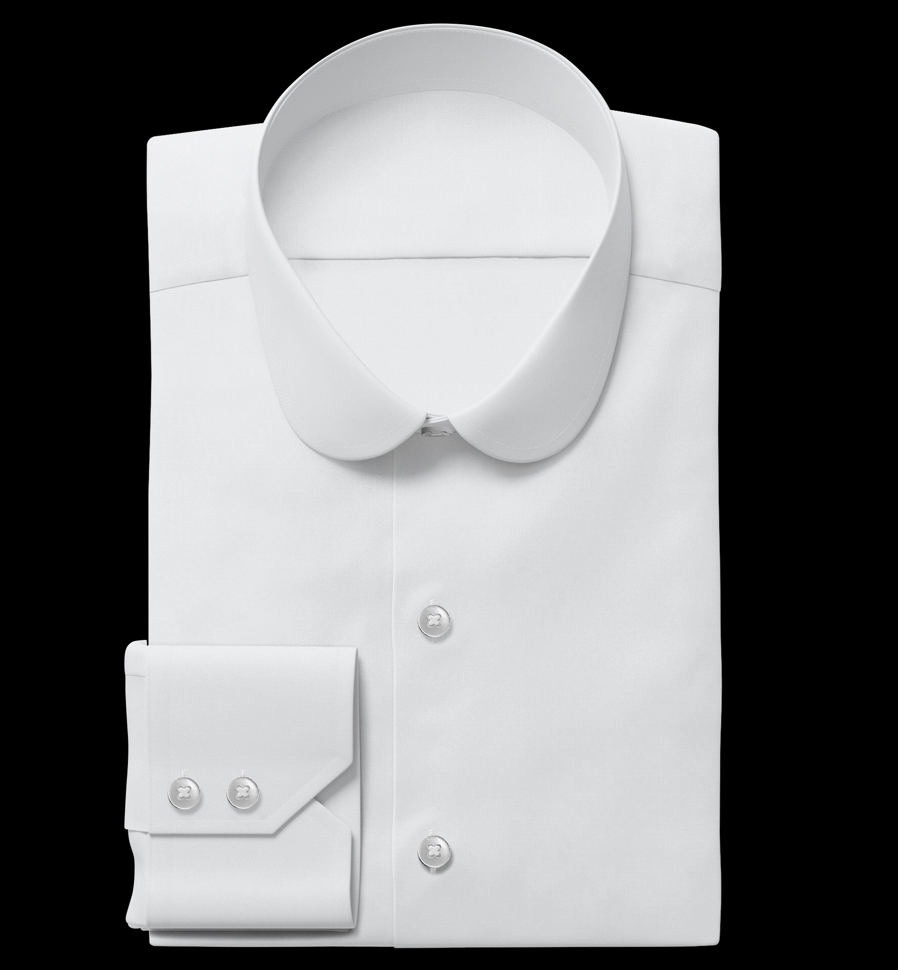 Biała, złożona koszula męska z okrągłym kołnierzykiem i mankietami na spinki, widoczne trzy guziki z logo, na czarnym tle. Elegancki krój, idealna do garnituru.