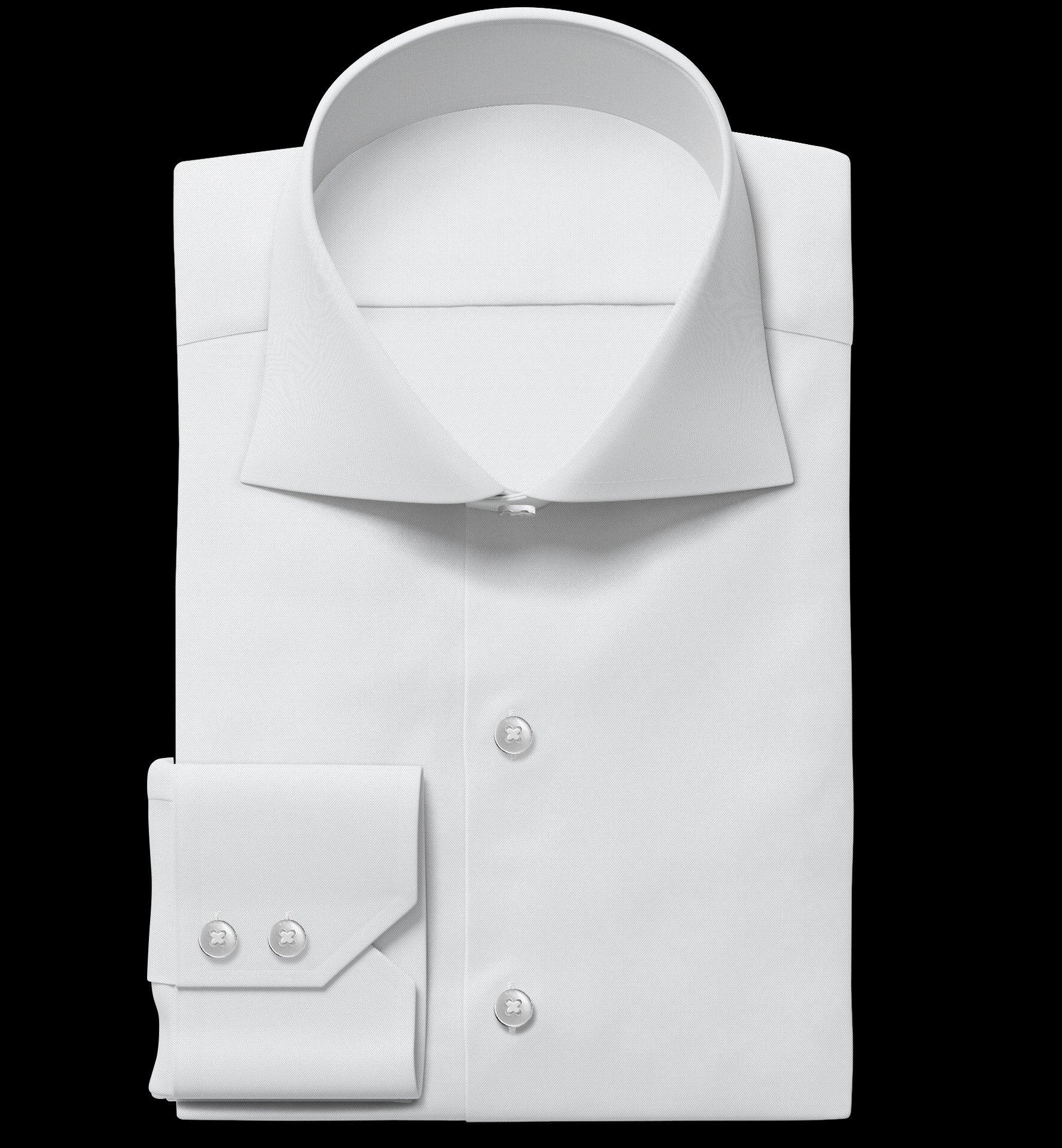 Biała, elegancka koszula męska z mankietami na spinki, starannie złożona na czarnym tle. Widoczne detale kołnierzyka i guzików.