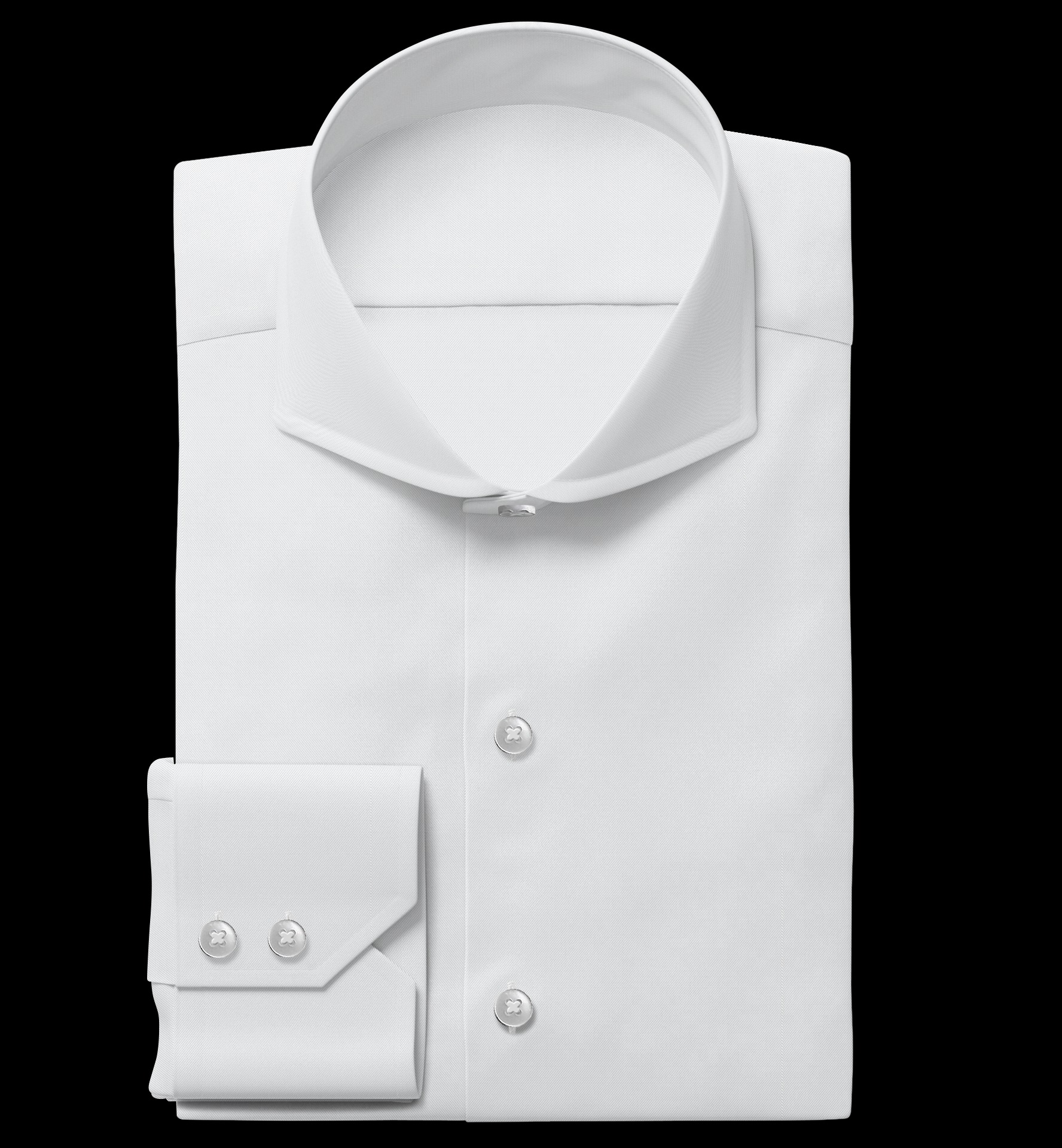 Starannie złożona, biała koszula męska z długim rękawem, widoczne detale kołnierzyka i mankietów na czarnym tle. Elegancki, minimalistyczny styl.
