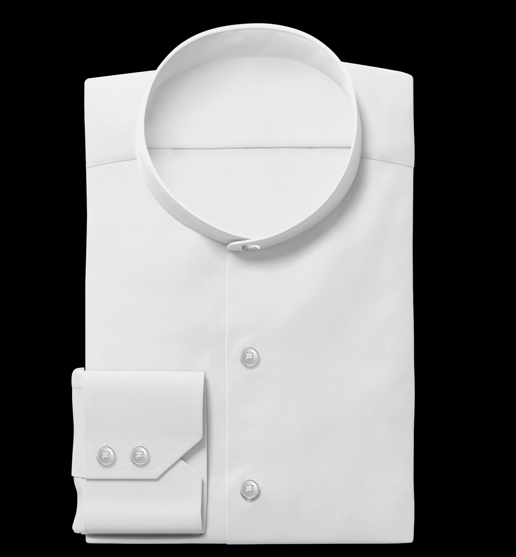 Starannie złożona, biała koszula męska z długim rękawem, widoczne mankiety i kołnierzyk, na czarnym tle. Elegancki detal w postaci srebrnych guzików.