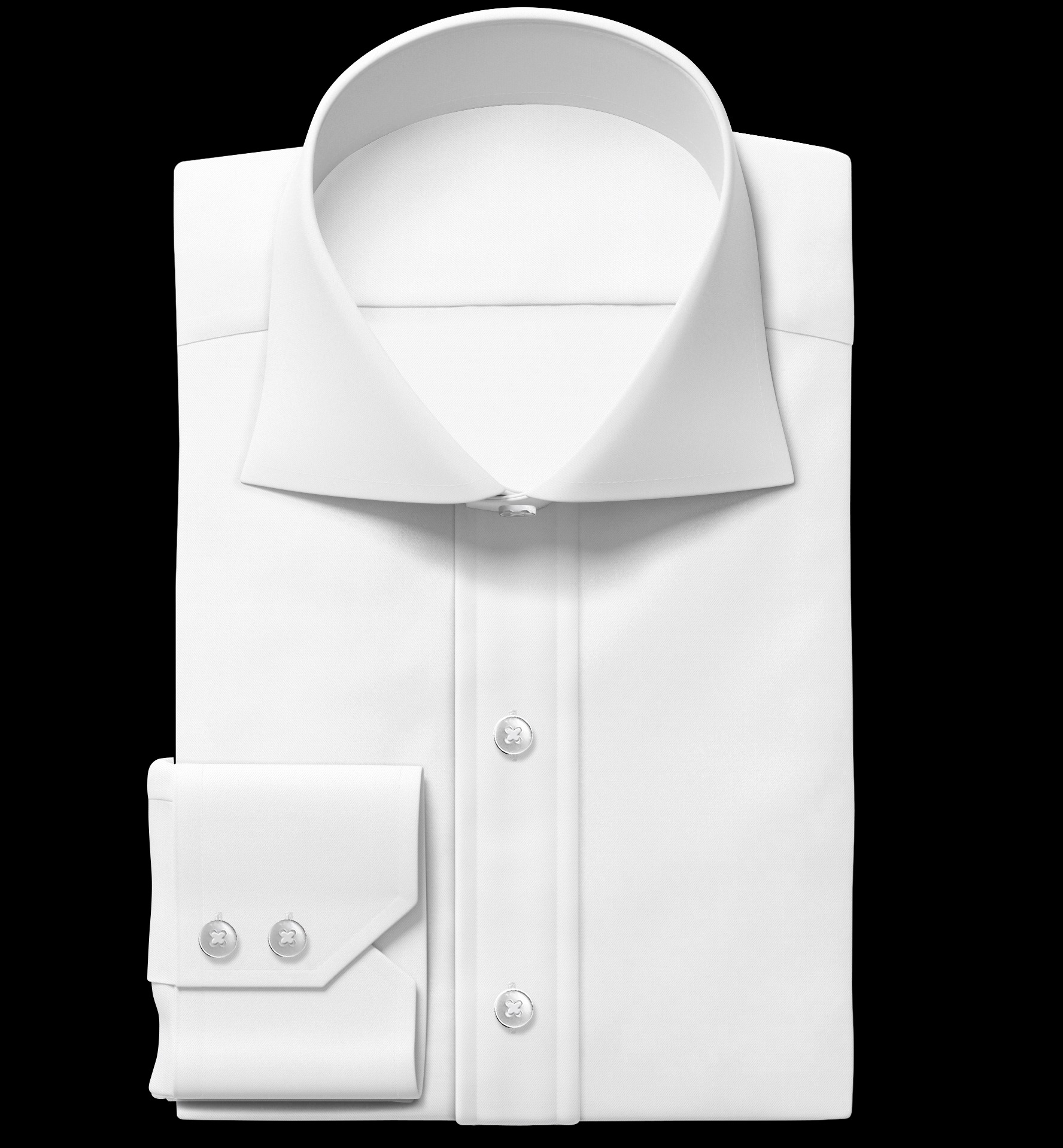 Starannie złożona, śnieżnobiała koszula męska z długim rękawem, mankiet na spinki, widoczne guziki i kołnierzyk włoski, na czarnym tle.