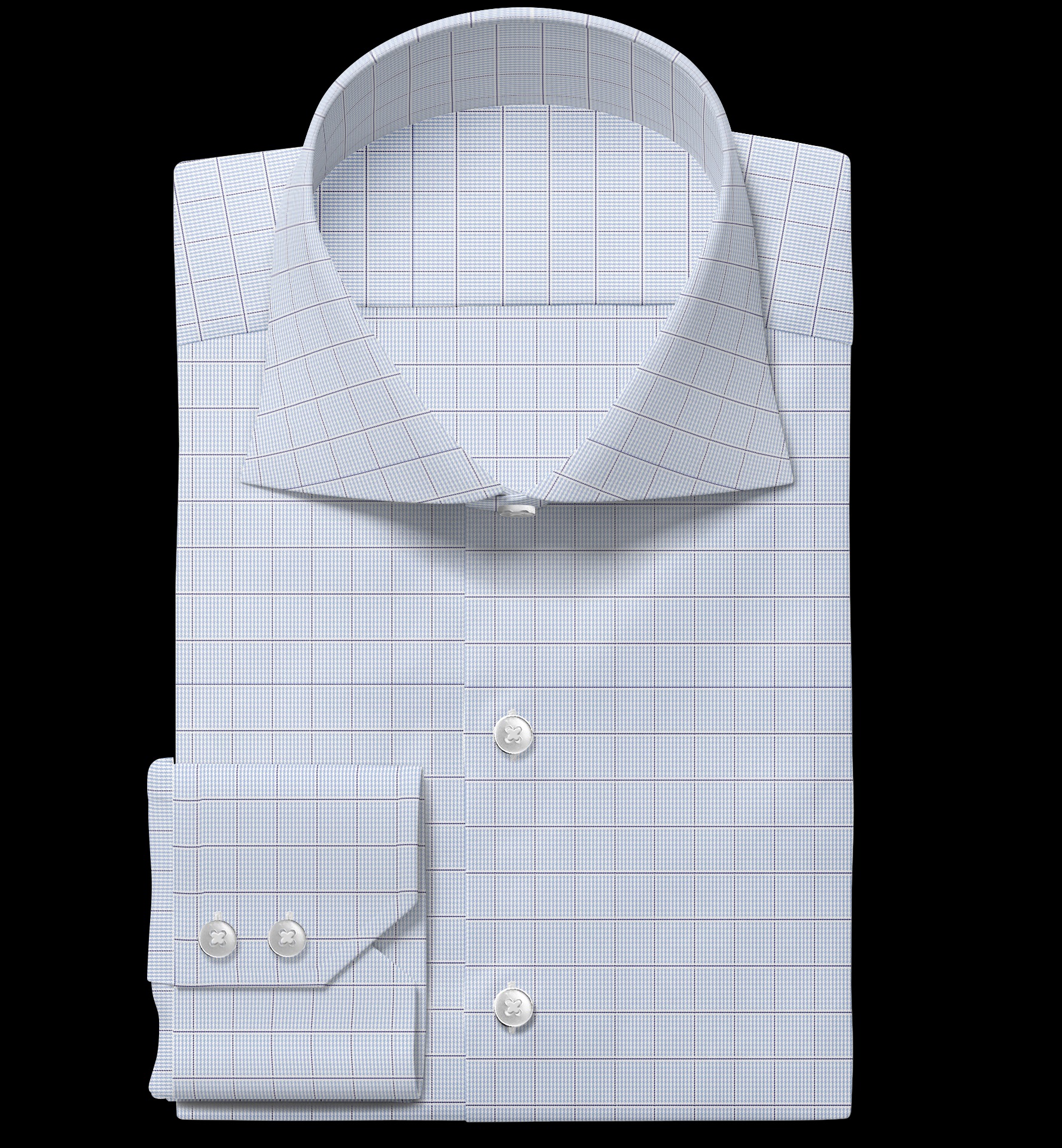 Jasnoniebieska koszula w kratę z długim rękawem, starannie złożona na czarnym tle. Widoczne detale: kołnierzyk, mankiety z guzikami, plisa i guziki. Elegancki styl.
