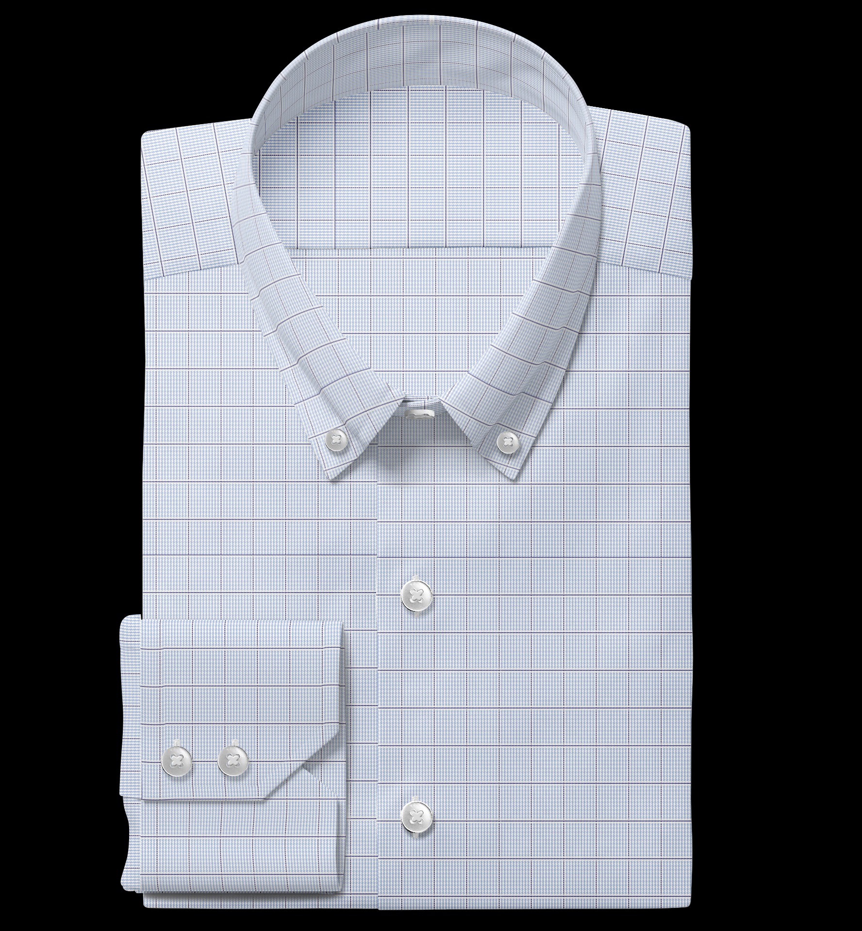 Jasnoniebieska koszula w drobną kratę, złożona na płasko, zapięta na guziki, z kołnierzykiem button-down i mankietami. Elegancki wzór i staranne wykonanie.