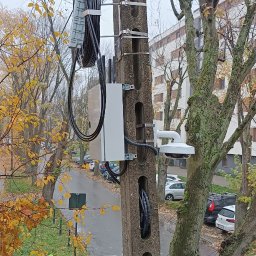 GUARDSD Serhii Drynkov - Kamera monitoringu zamontowana na słupie energetycznym, widok z góry na ulicę z przechodniem w odblaskowej kurtce. Jesienne drzewa w tle.