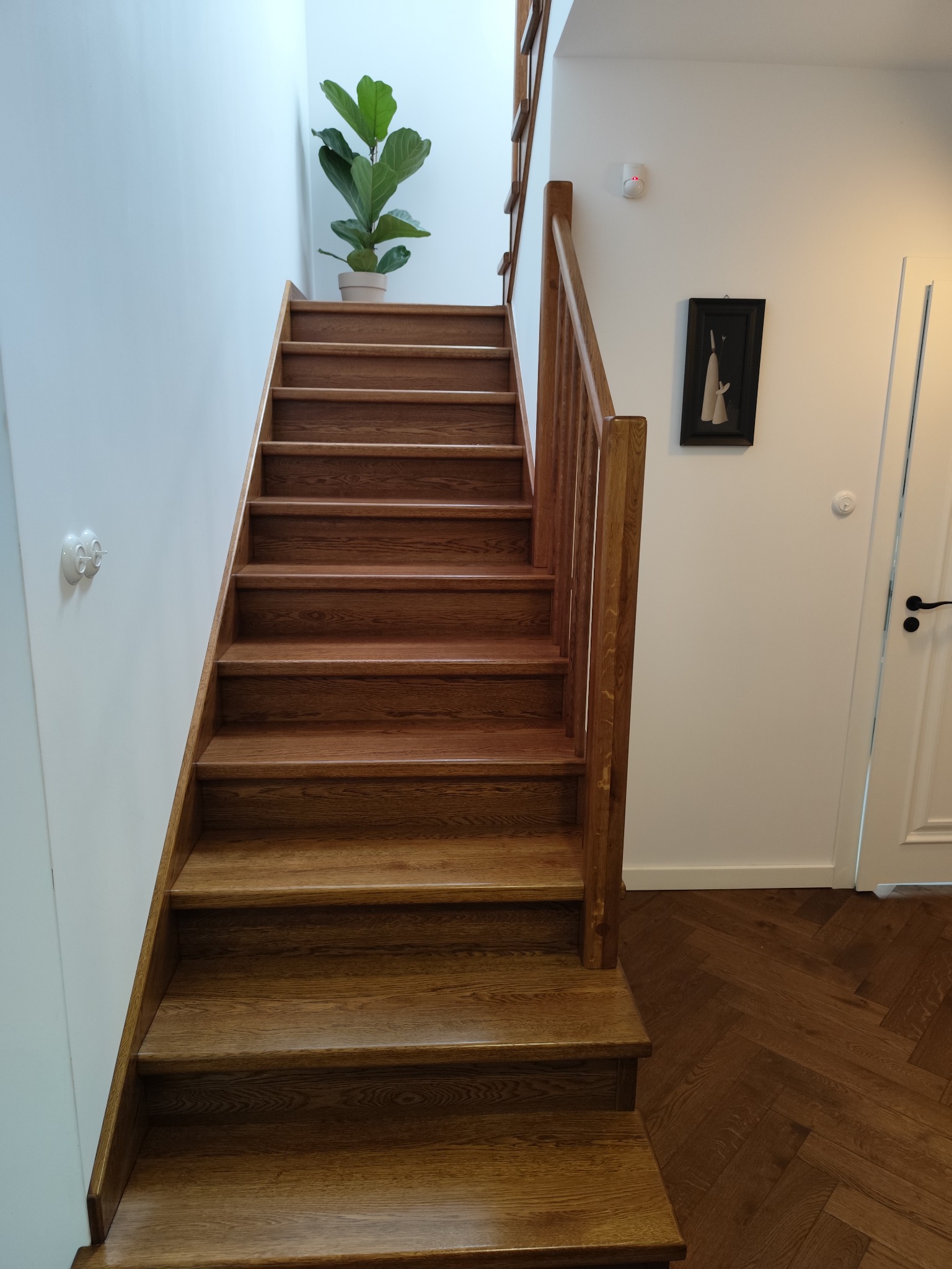 Drewniane schody z balustradą, prowadzące do góry, z rośliną doniczkową na górnym stopniu. Parkiet ułożony w jodełkę na podłodze. Minimalistyczny wystrój wnętrza.