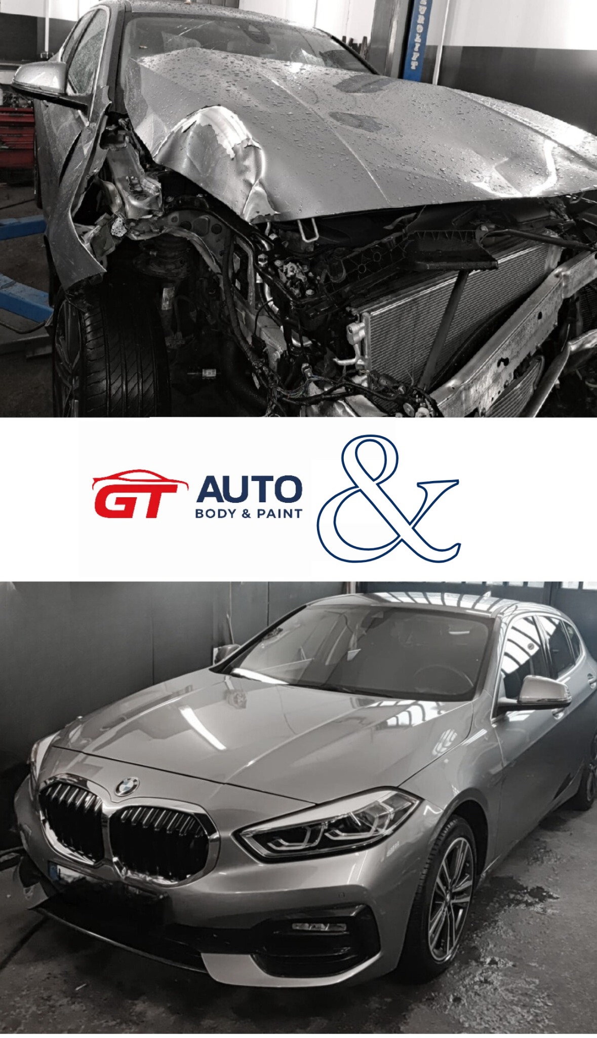 Zdjęcie 'przed i po' prezentujące srebrne BMW serii 1: górna część ukazuje uszkodzony przód, dolna część pokazuje auto po naprawie blacharsko-lakierniczej.