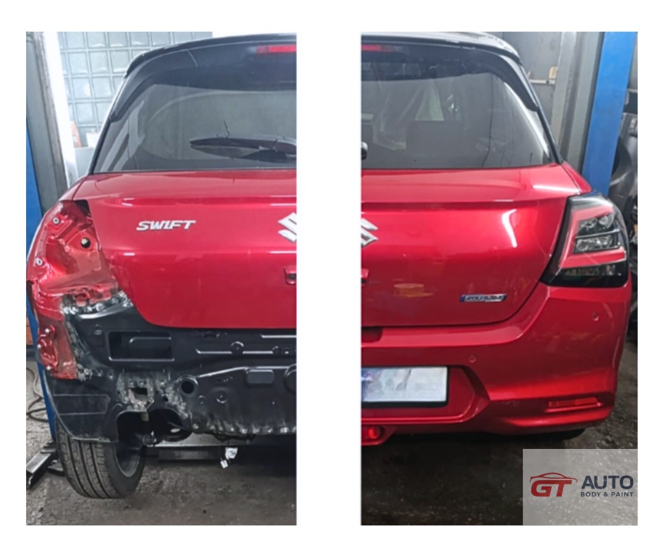 Czerwony Suzuki Swift: porównanie stanu przed (uszkodzony tył) i po naprawie blacharsko-lakierniczej. Widoczne detale karoserii i lamp.