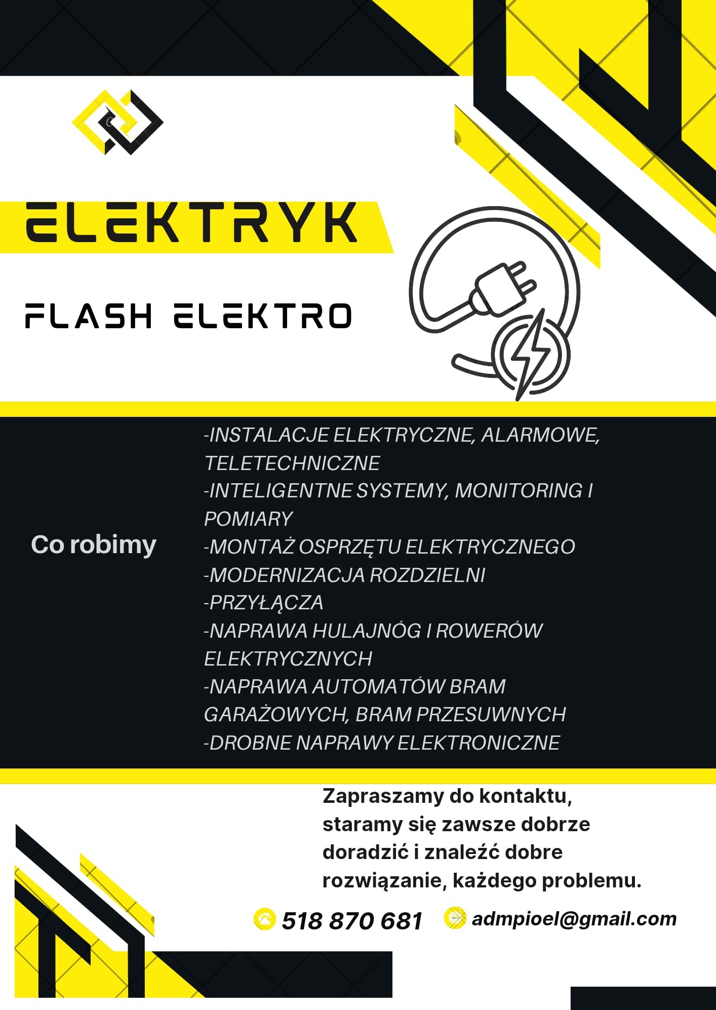 Żółto-czarny baner reklamowy firmy Flash Elektro z ofertą usług elektrycznych, alarmowych i teletechnicznych. Widoczny numer telefonu i adres e-mail.