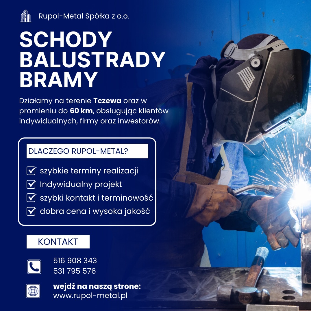 Spawacz w masce spawalniczej podczas pracy, iskry. Reklama firmy Rupol-Metal z Tczewa oferującej schody, balustrady i bramy. Kontakt telefoniczny i adres strony www.