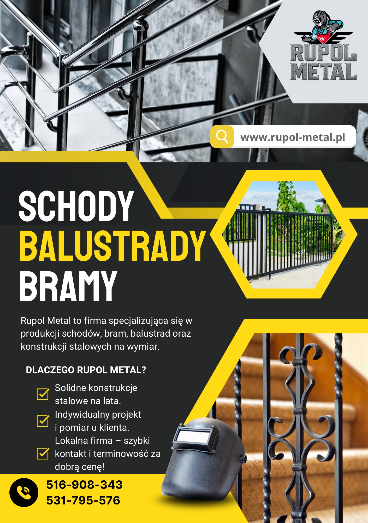 Grafika reklamowa firmy Rupol Metal: schody, balustrady, bramy. Na zdjęciu fragmenty realizacji: poręcze schodowe, brama wjazdowa, maska spawalnicza.