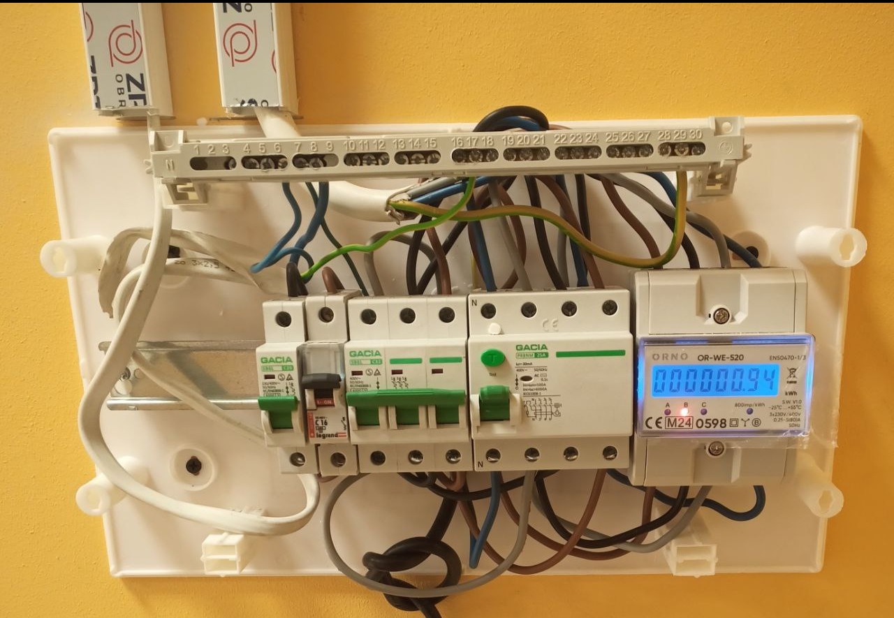 Rozdzielnica elektryczna z zamontowanymi bezpiecznikami i licznikiem energii elektrycznej, widoczne przewody. Żółta ściana w tle.