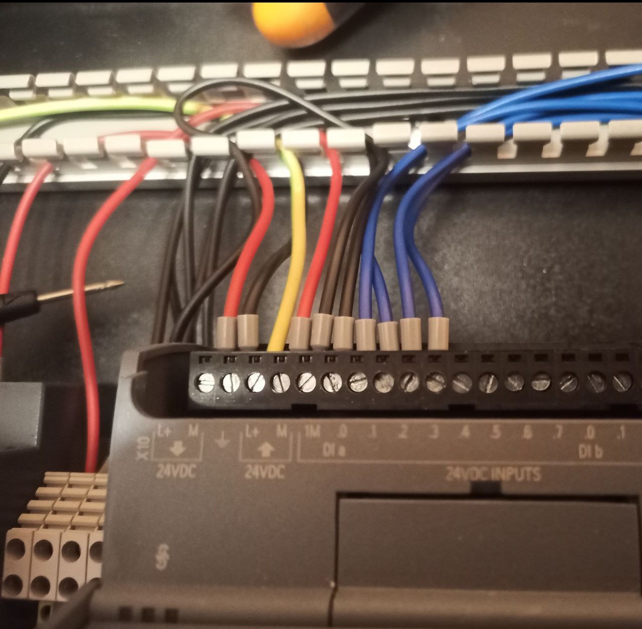 Panel sterowania z podłączonymi przewodami o różnych kolorach (czerwony, niebieski, żółty, brązowy) i oznaczeniami 24VDC INPUTS. Widoczne śruby mocujące.