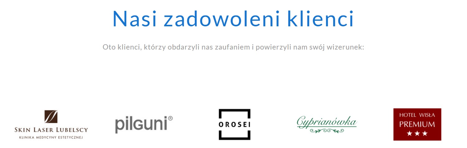 Logotypy zadowolonych klientów, którzy powierzyli wizerunek firmie. Skin Laser Lubelscy, Pilguni, Orosei, Cyprianówka, Hotel Wisła Premium.