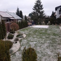 TMS INDUSTRIES SPÓŁKA Z OGRANICZONĄ ODPOWIEDZIALNOŚCIĄ - Zimowy ogród w Szczecinie: trawnik lekko przyprószony śniegiem, ozdobne krzewy i drzewa iglaste wzdłuż ogrodzenia. Widok z góry na zadbany teren.