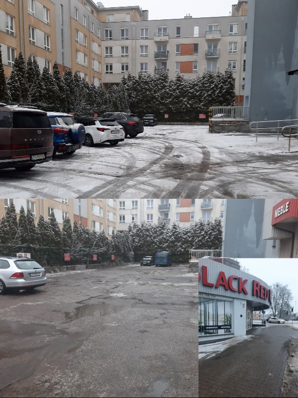 Zimowy parking z samochodami i śladami opon na śniegu, w tle budynek mieszkalny i rząd iglaków. Na dole kolaż z widokiem na ulicę i sklep meblowy.