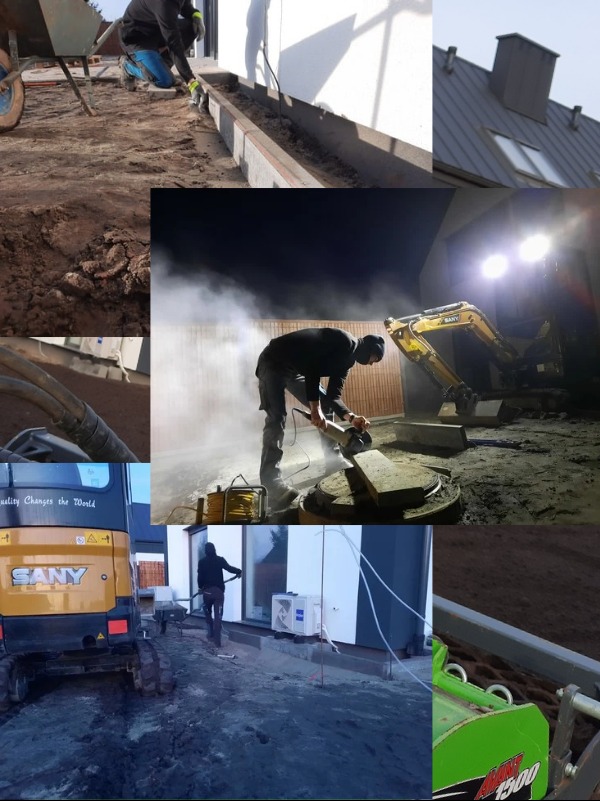 Montaż obrzeży rabat, prace ziemne z użyciem mini koparki SANY, cięcie kamienia szlifierką kątową, wyrównywanie terenu walcem drogowym. Prace budowlane.