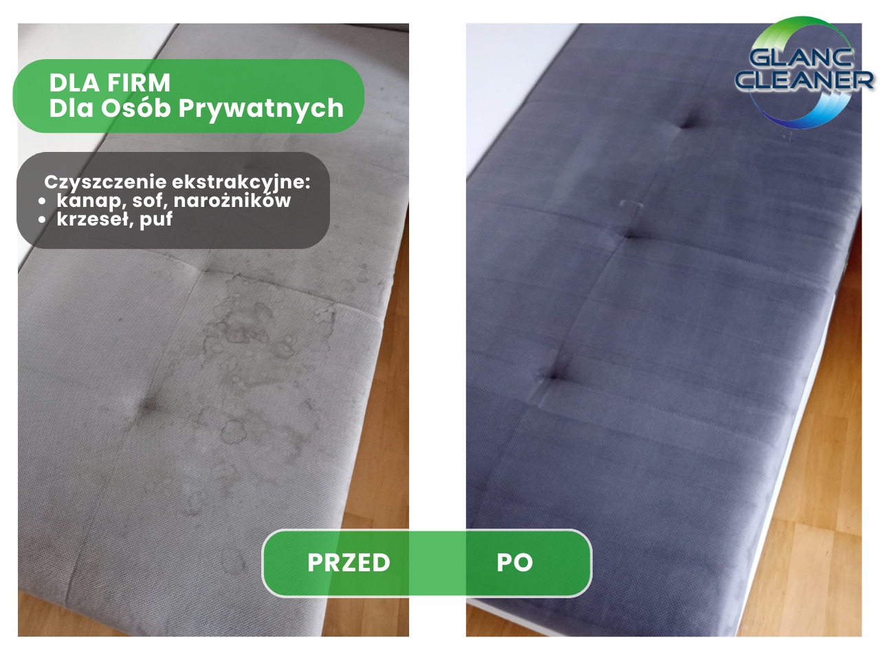 Kanapa tapicerowana: po lewej widoczne zabrudzenia, po prawej efekt po czyszczeniu. Prezentacja usługi prania tapicerki z uwzględnieniem stanu przed i po.